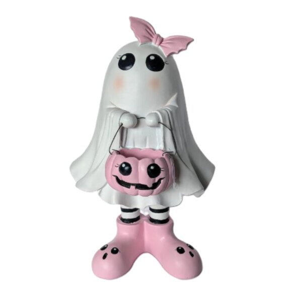 Cute and Spooky Halloween Ghost Girl with Pink Bow and Pumpkin - Picture 1 of 7